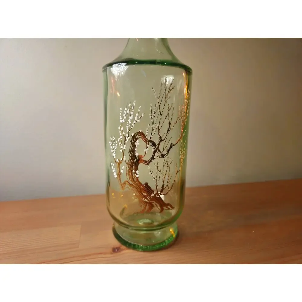 Vintage 1960's Green Willow Glass Liquor Decanter Gold Tree White Blossom 12